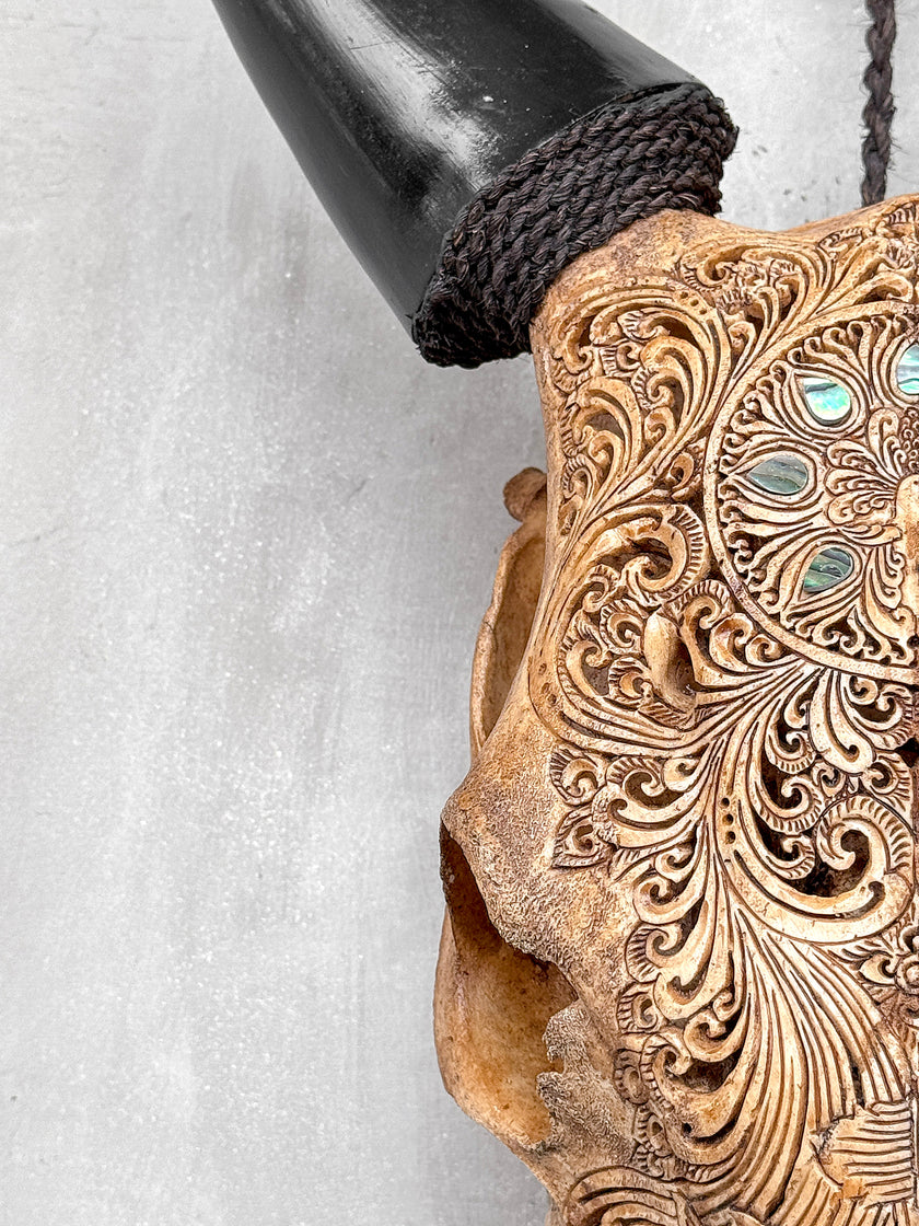 Brown Carved Cow Skull With Abalone Shell Accents - Peacock motif | Skull,A/145