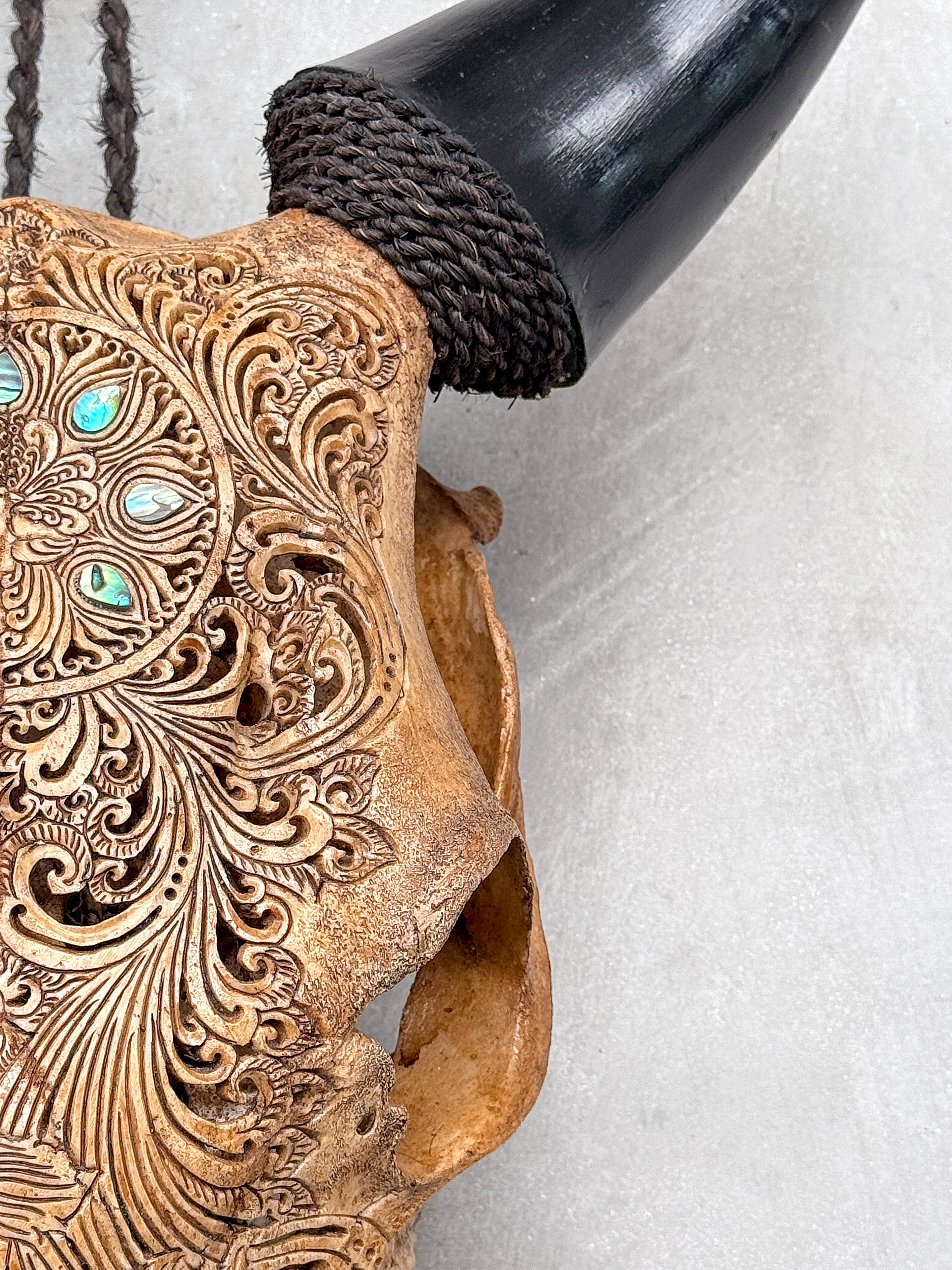 Brown Carved Cow Skull With Abalone Shell Accents - Peacock motif | Skull,A/145