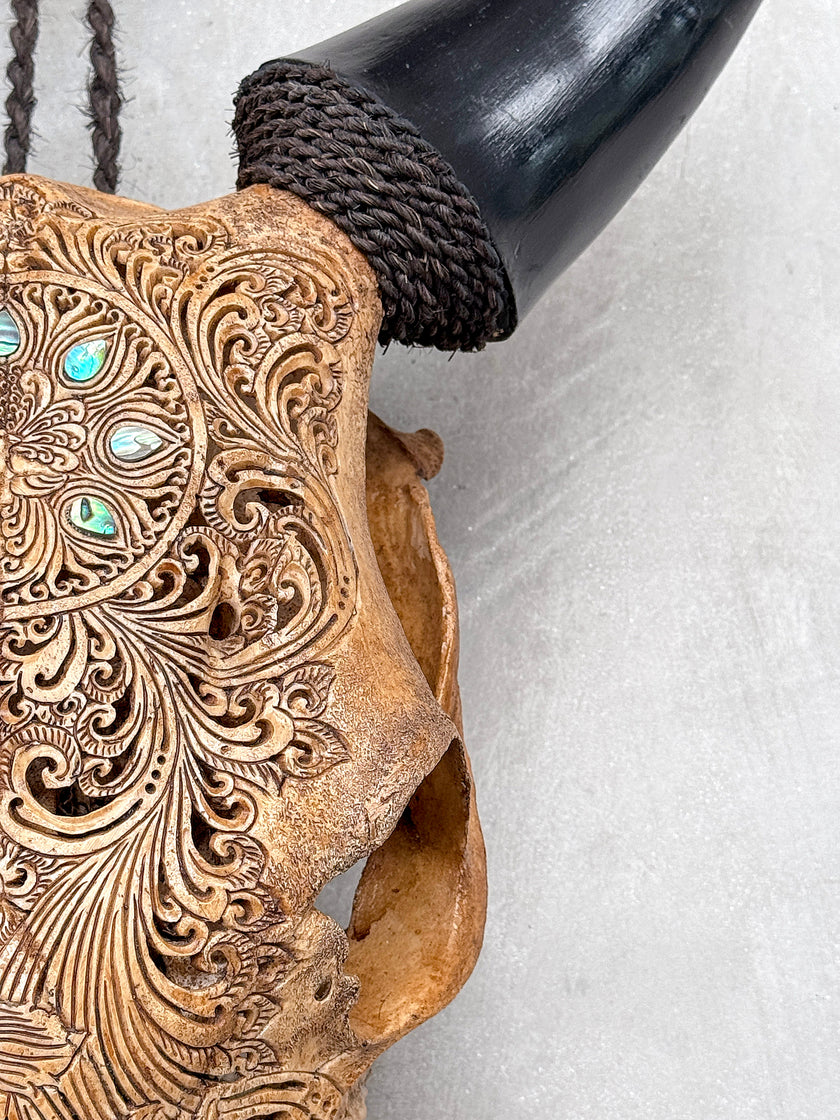 Brown Carved Cow Skull With Abalone Shell Accents - Peacock motif | Skull,A/145