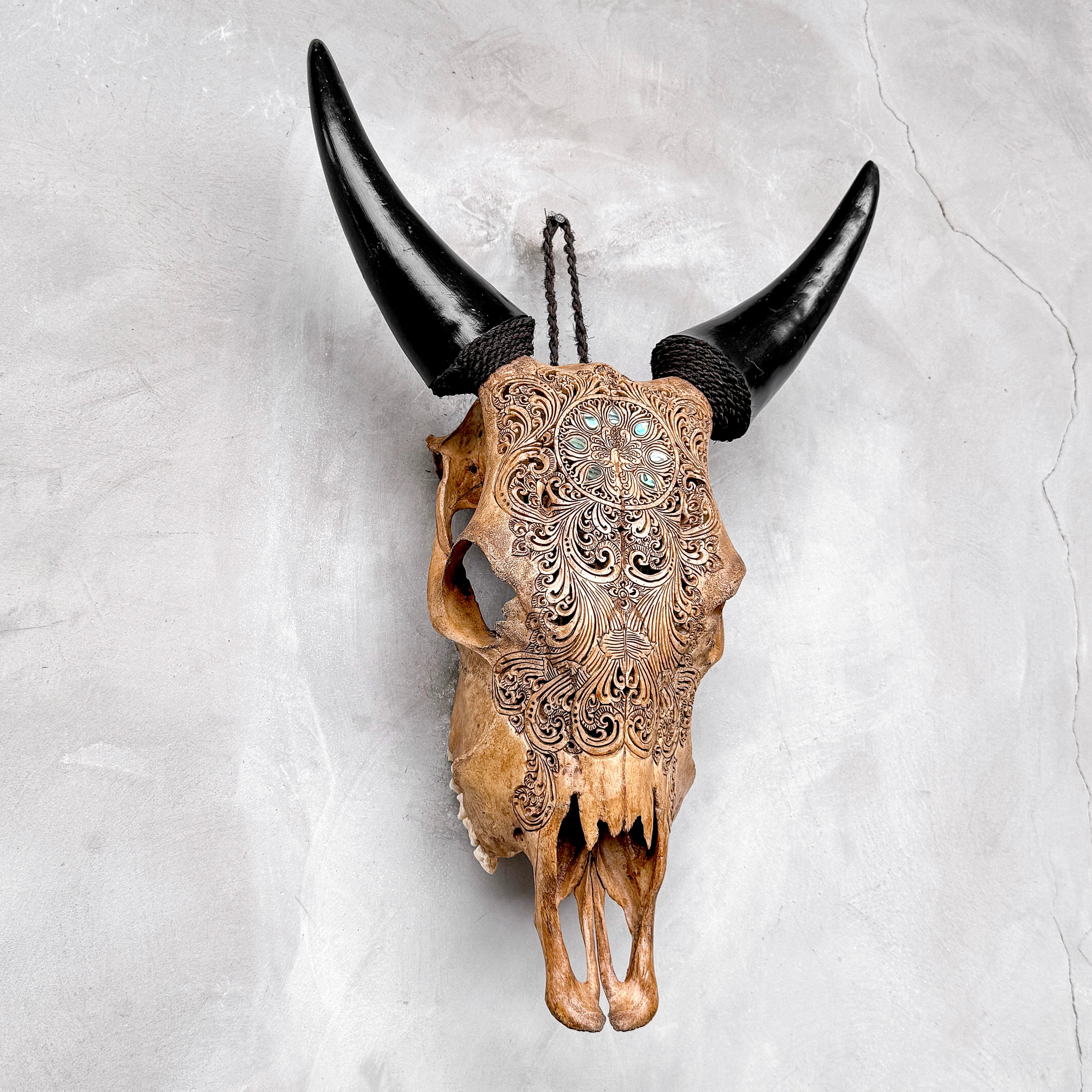 Brown Carved Cow Skull With Abalone Shell Accents - Peacock motif | Skull,A/145
