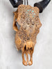 Brown Carved Cow Skull With Abalone Shell Accents - Peacock motif | Skull,A/145