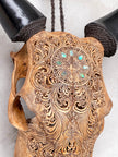 Brown Carved Cow Skull With Abalone Shell Accents - Peacock motif | Skull,A/145