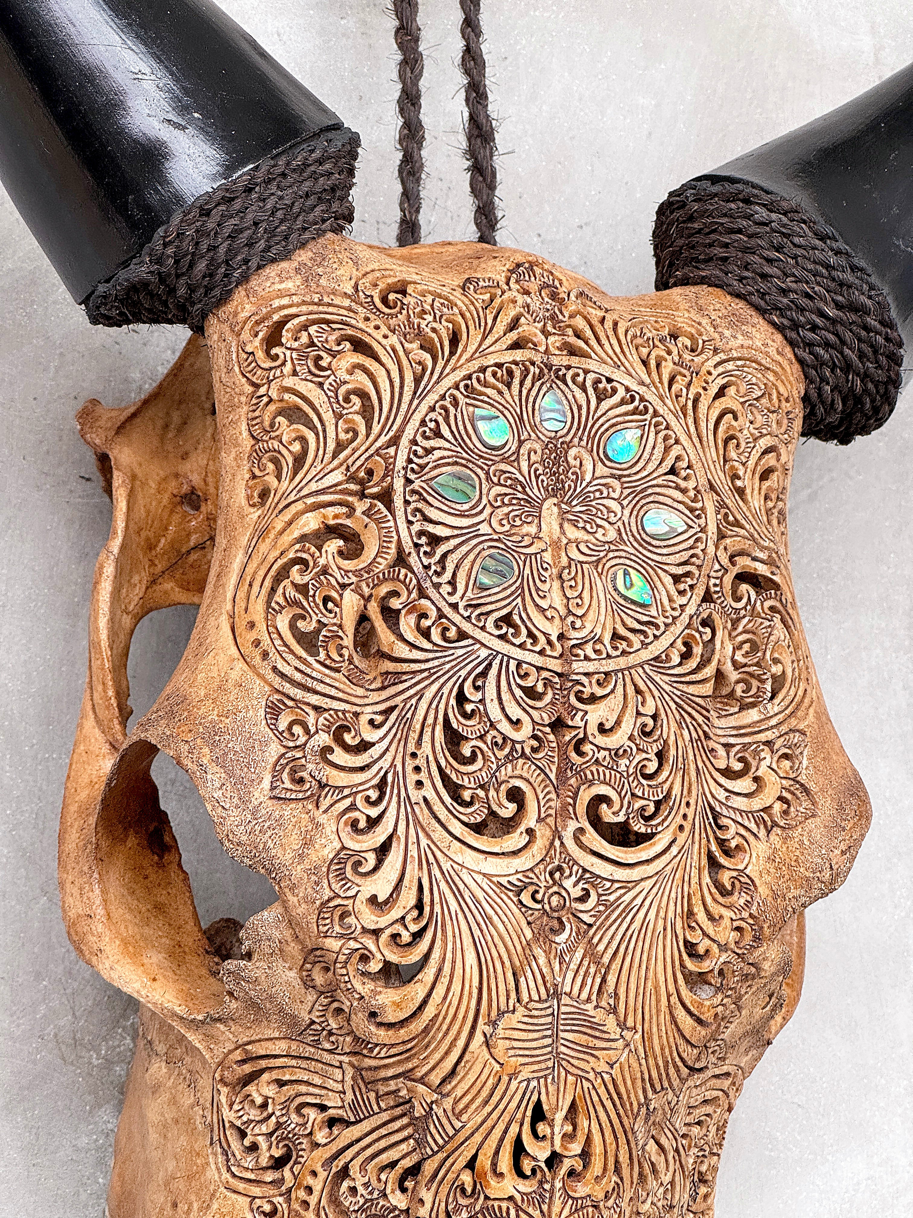 Brown Carved Cow Skull With Abalone Shell Accents - Peacock motif | Skull,A/145