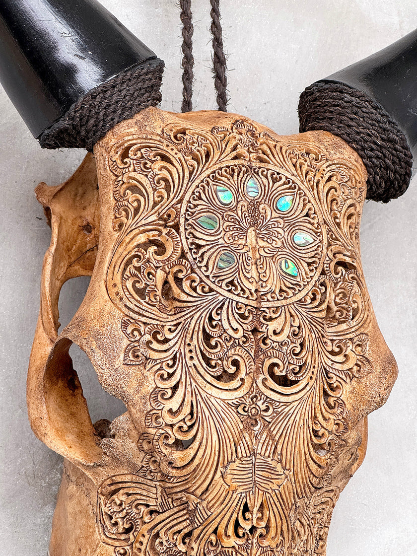 Brown Carved Cow Skull With Abalone Shell Accents - Peacock motif | Skull,A/145