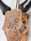 Brown Carved Cow Skull With Abalone Shell Accents - Peacock motif | Skull,A/145