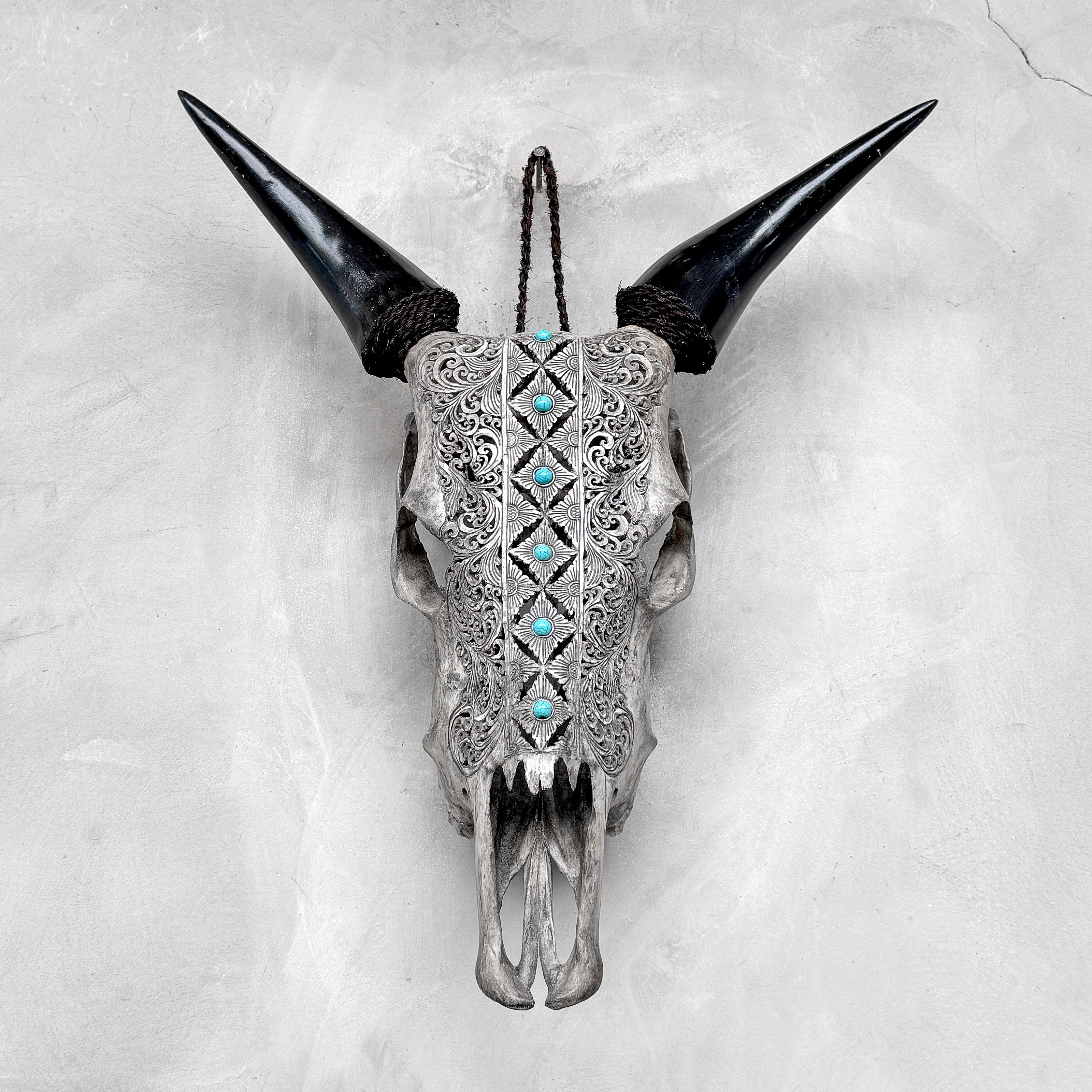 Grey Carved Cow Skull With Turqoise Accents - Ketupat motif | Skull,A/139