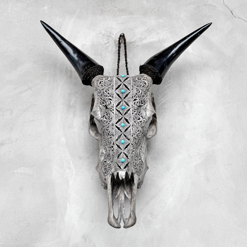 Grey Carved Cow Skull With Turqoise Accents - Ketupat motif | Skull,A/139
