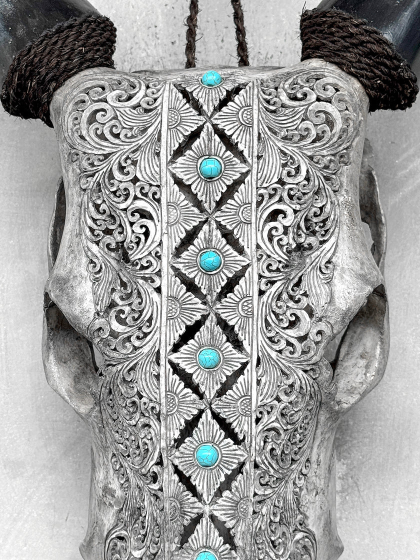 Grey Carved Cow Skull With Turqoise Accents - Ketupat motif | Skull,A/139