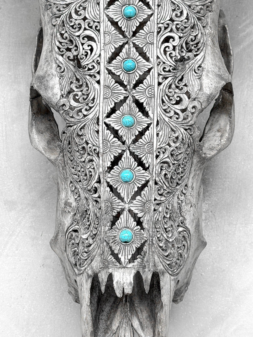 Grey Carved Cow Skull With Turqoise Accents - Ketupat motif | Skull,A/139