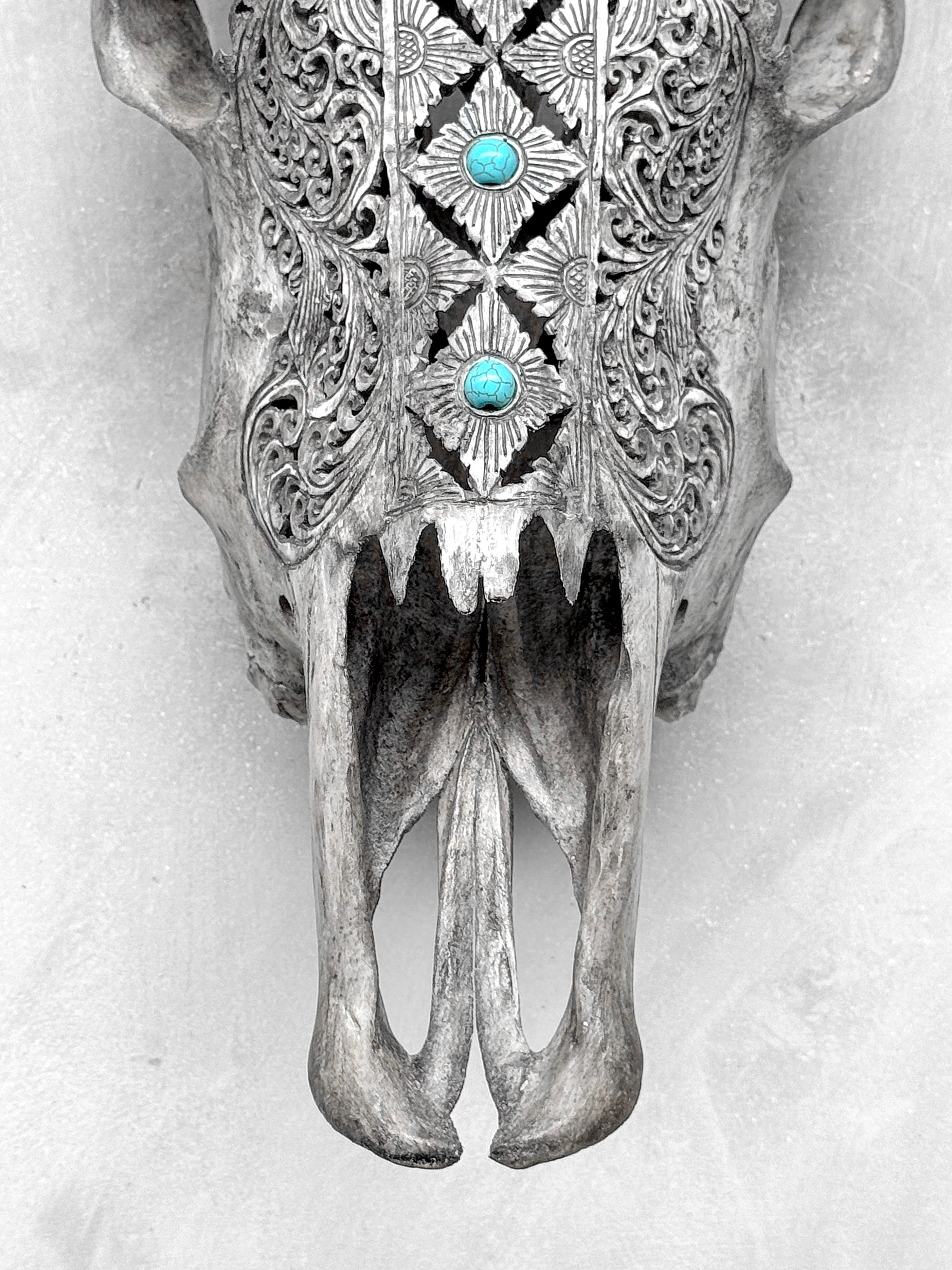 Grey Carved Cow Skull With Turqoise Accents - Ketupat motif | Skull,A/139