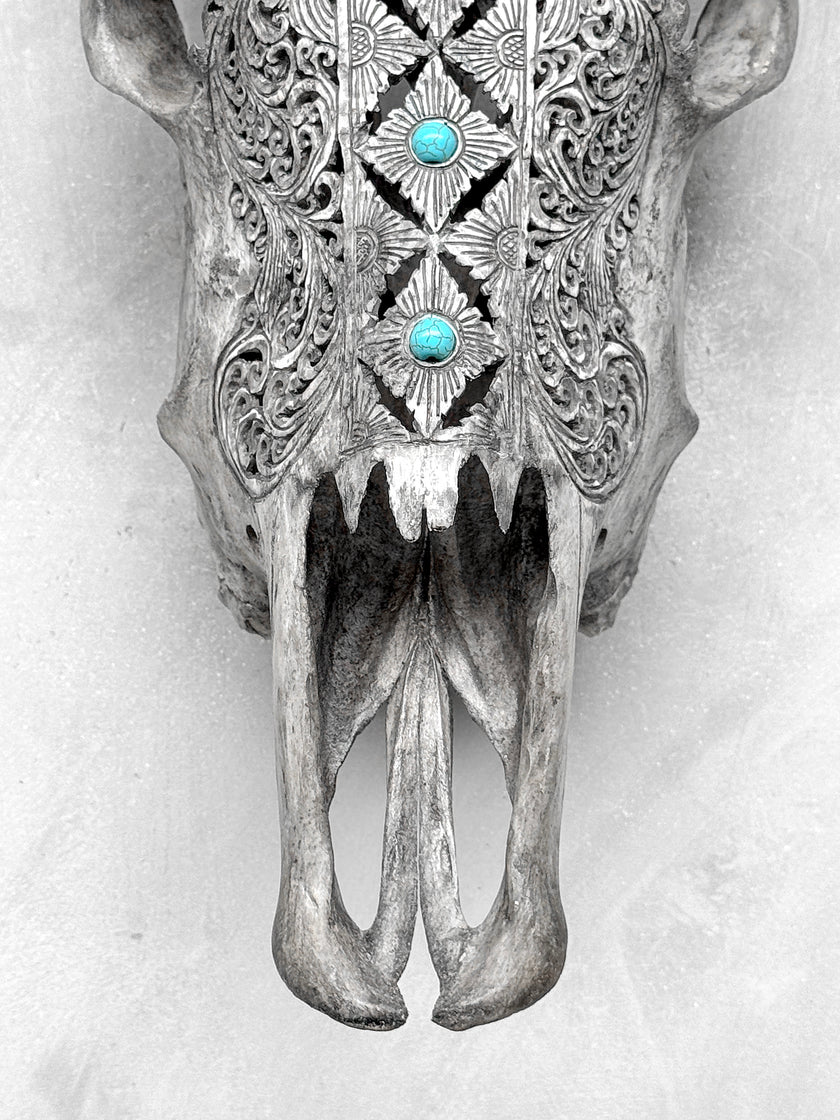Grey Carved Cow Skull With Turqoise Accents - Ketupat motif | Skull,A/139