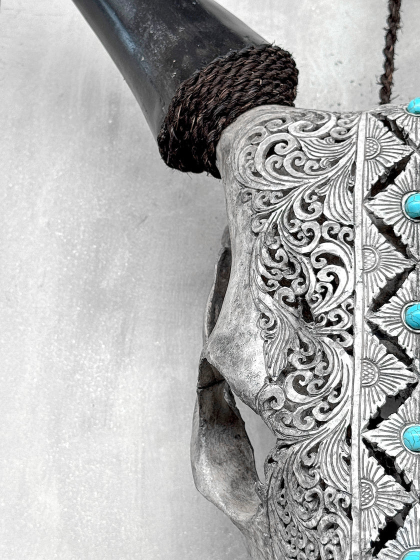 Grey Carved Cow Skull With Turqoise Accents - Ketupat motif | Skull,A/139