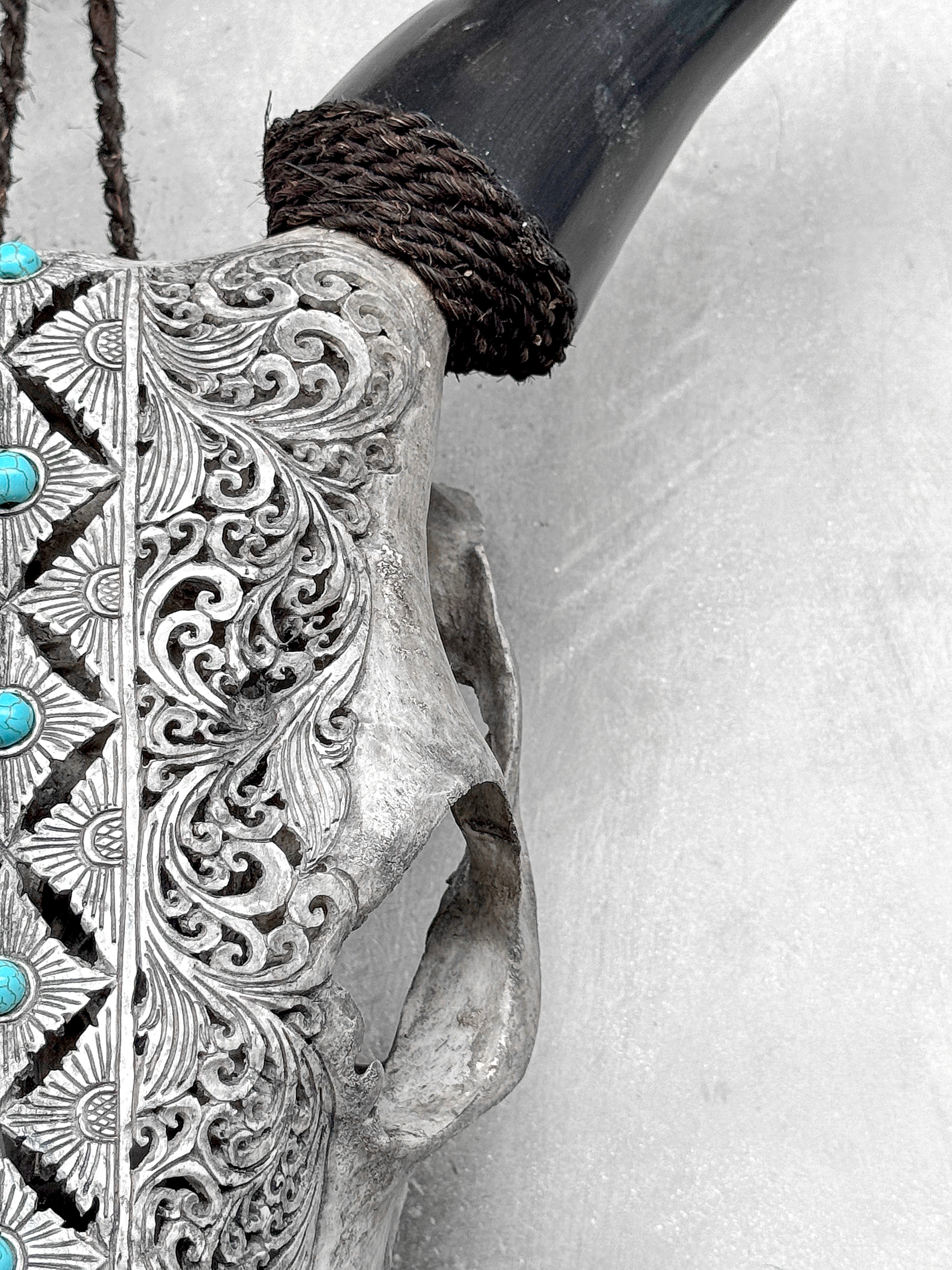 Grey Carved Cow Skull With Turqoise Accents - Ketupat motif | Skull,A/139