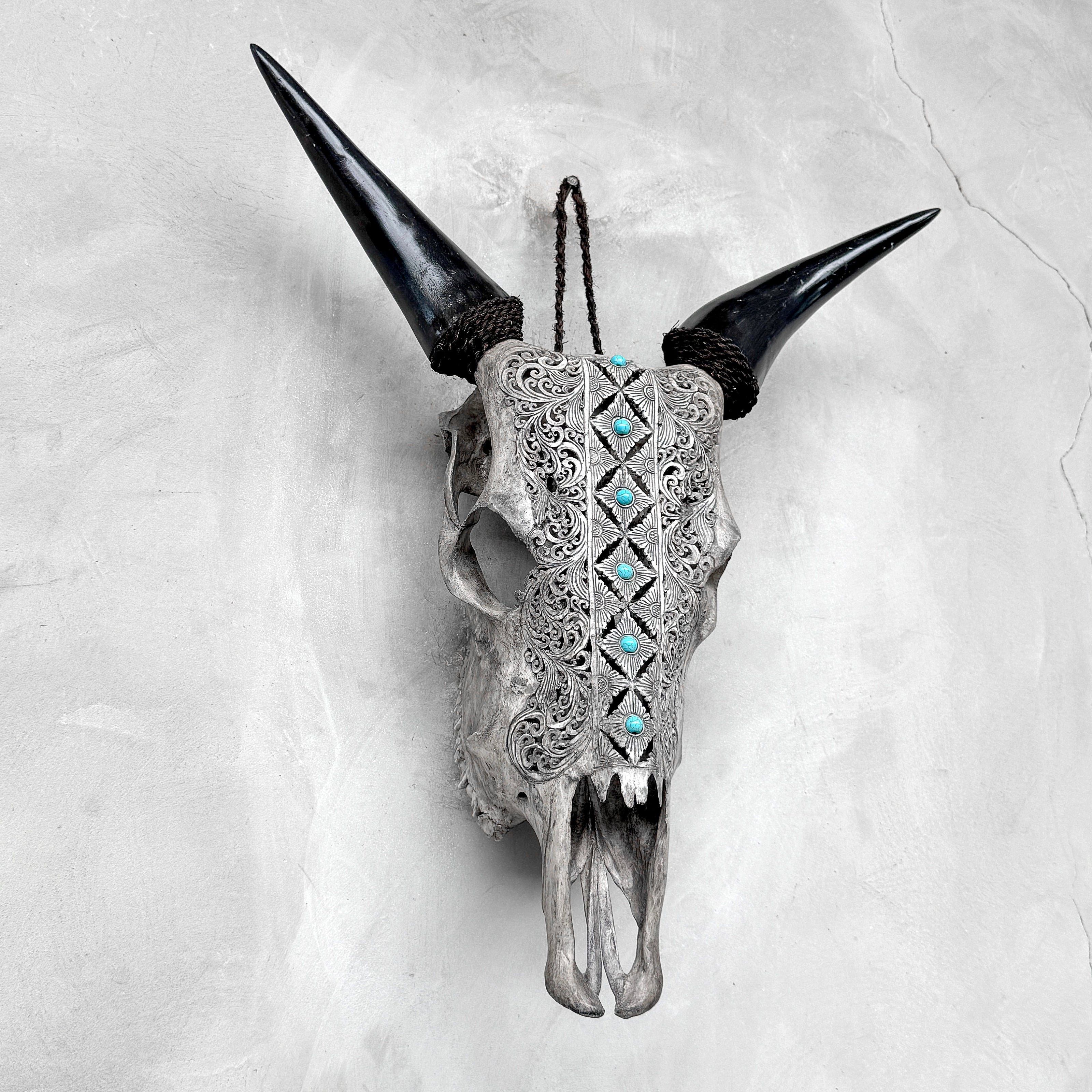 Grey Carved Cow Skull With Turqoise Accents - Ketupat motif | Skull,A/139
