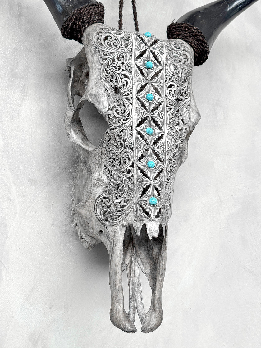 Grey Carved Cow Skull With Turqoise Accents - Ketupat motif | Skull,A/139