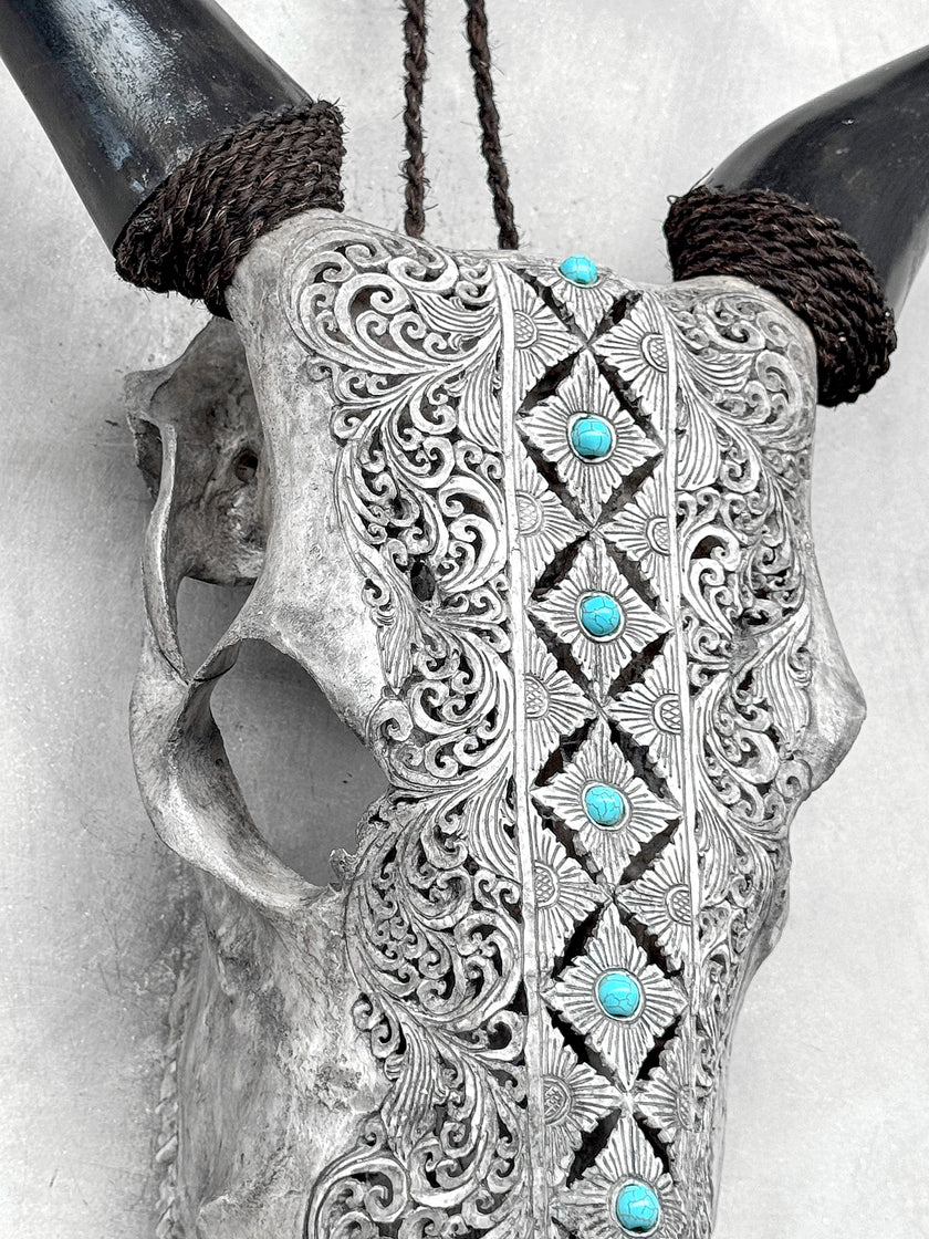 Grey Carved Cow Skull With Turqoise Accents - Ketupat motif | Skull,A/139