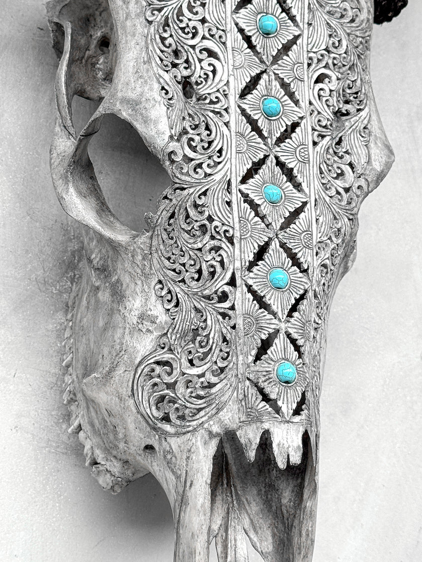 Grey Carved Cow Skull With Turqoise Accents - Ketupat motif | Skull,A/139