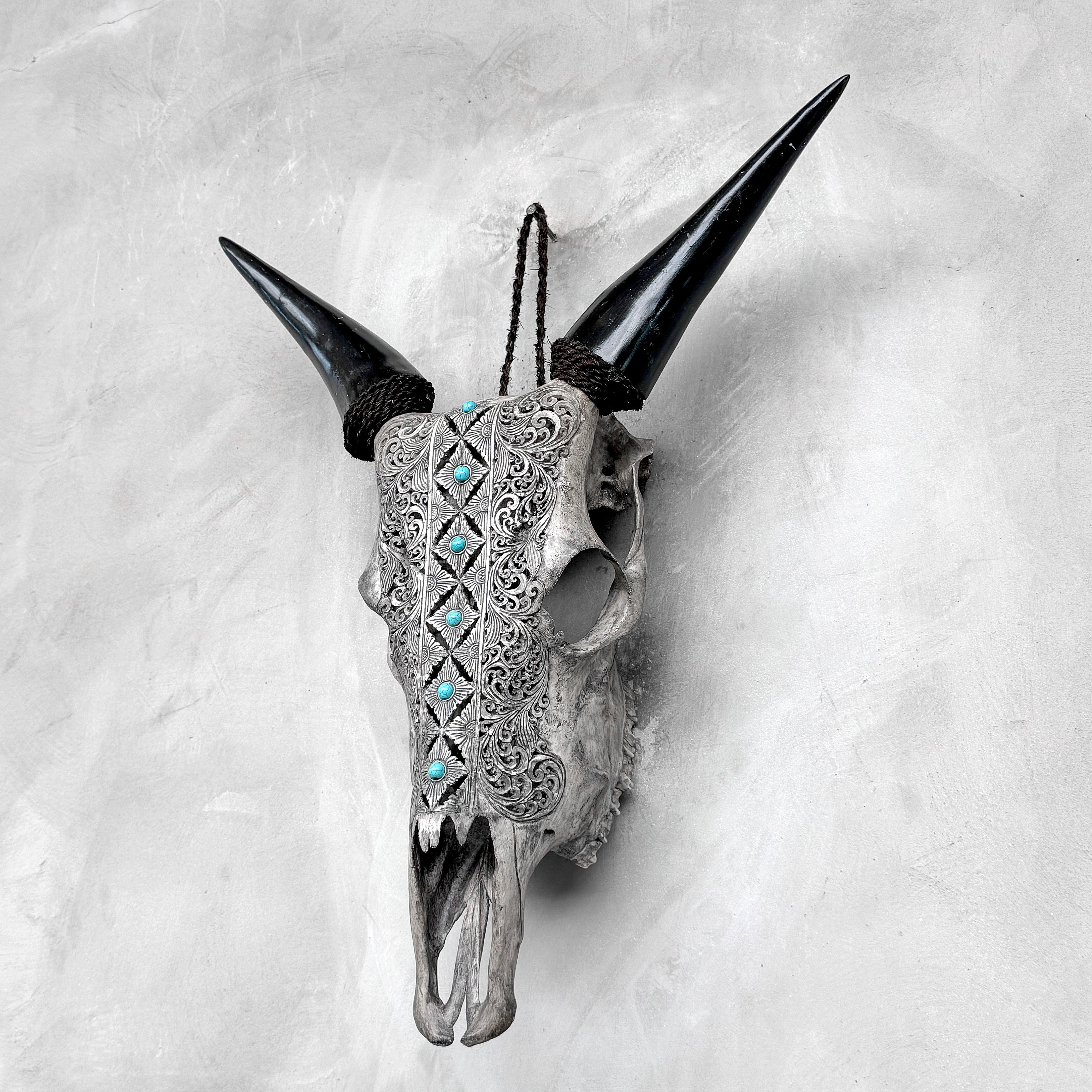 Grey Carved Cow Skull With Turqoise Accents - Ketupat motif | Skull,A/139