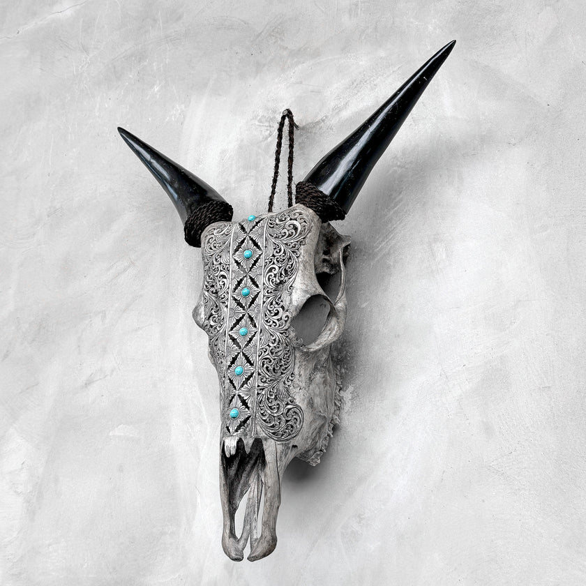 Grey Carved Cow Skull With Turqoise Accents - Ketupat motif | Skull,A/139