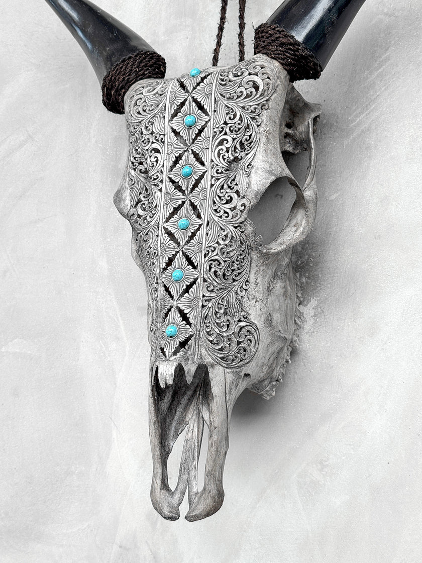 Grey Carved Cow Skull With Turqoise Accents - Ketupat motif | Skull,A/139