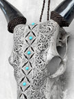 Grey Carved Cow Skull With Turqoise Accents - Ketupat motif | Skull,A/139