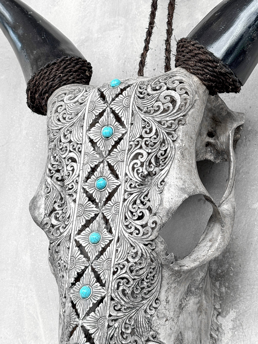 Grey Carved Cow Skull With Turqoise Accents - Ketupat motif | Skull,A/139