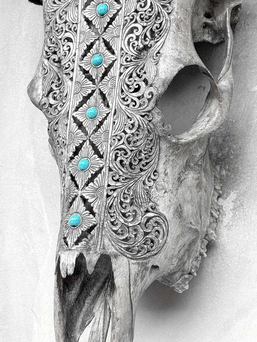 Grey Carved Cow Skull With Turqoise Accents - Ketupat motif | Skull,A/139