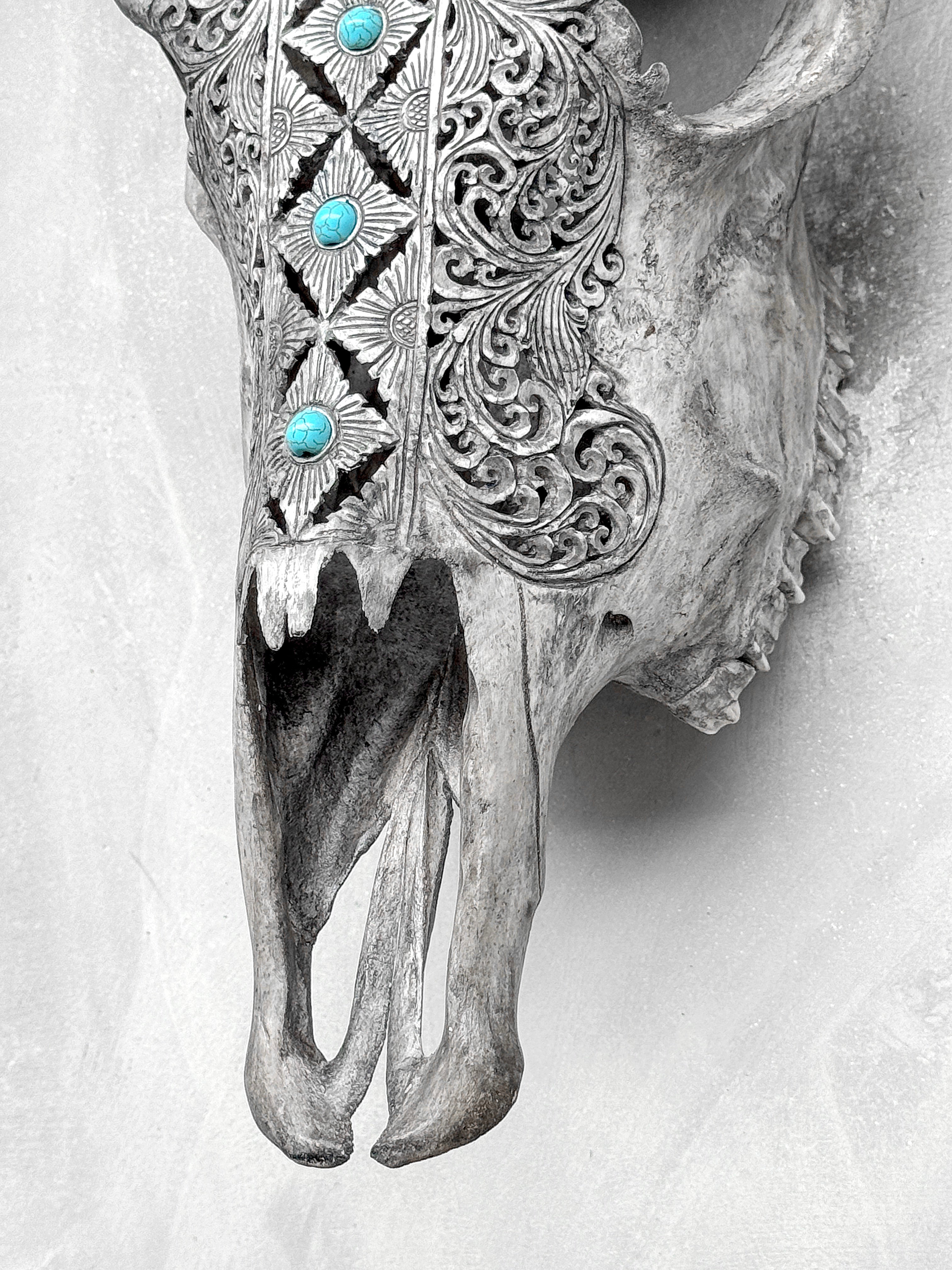 Grey Carved Cow Skull With Turqoise Accents - Ketupat motif | Skull,A/139