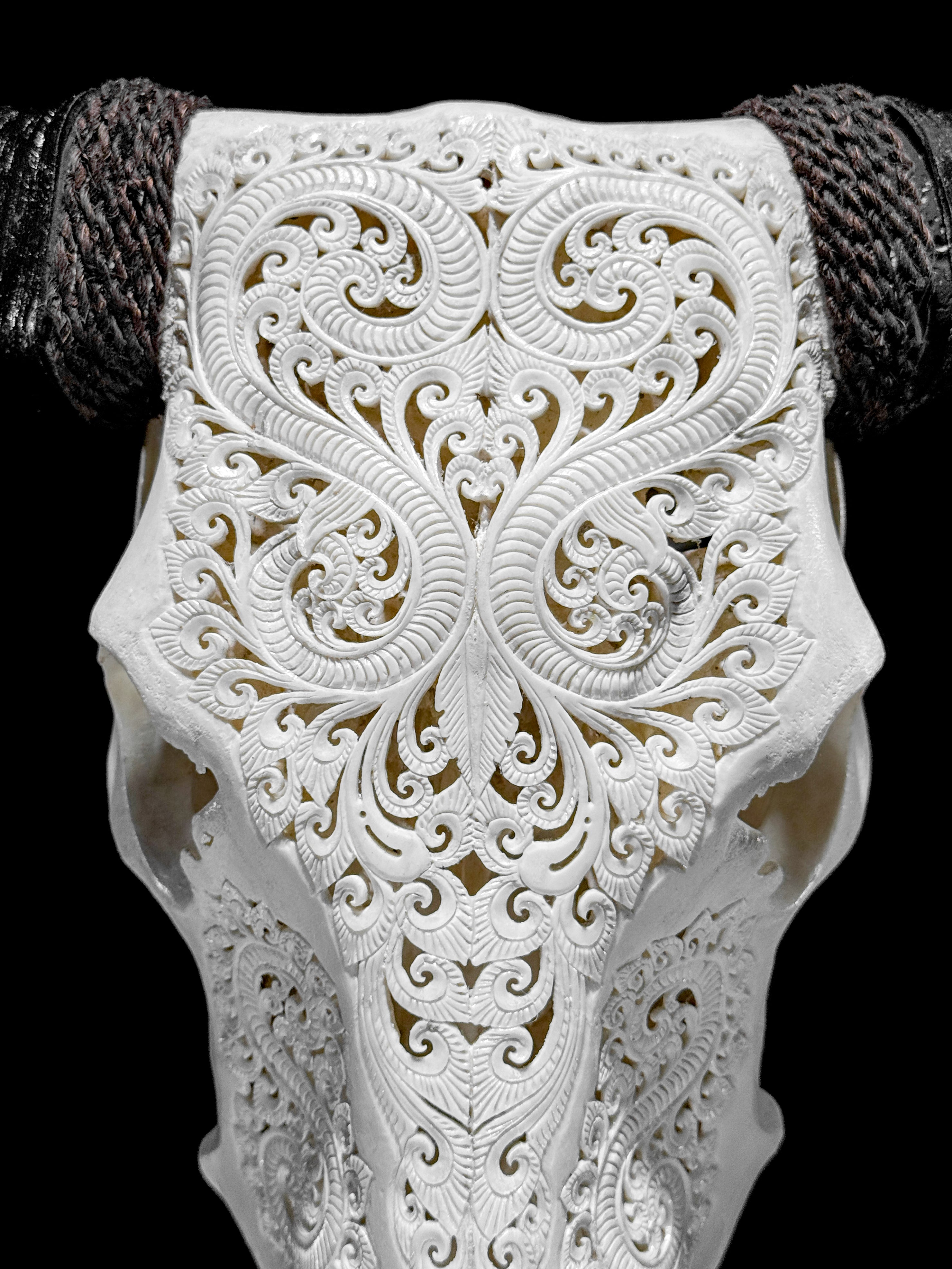 White Carved Buffalo Skull with Leaf Motif — Handcrafted Wall Art - Skull,A/108