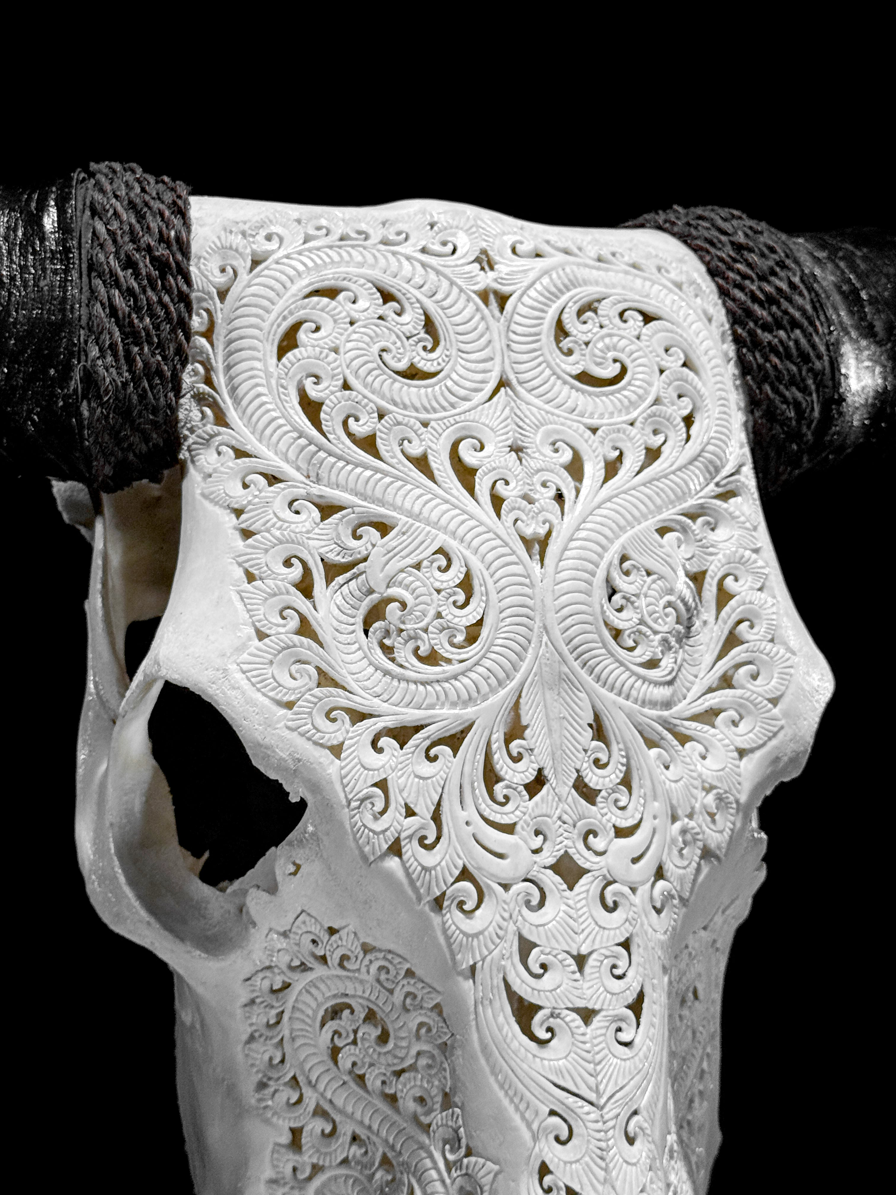 White Carved Buffalo Skull with Leaf Motif — Handcrafted Wall Art - Skull,A/108