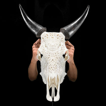Hand-Carved Cow Skull with Barong Mask – Balinese Wall Art – Sacred Guardian Skull Decor with Black Horns -Skull,A/070