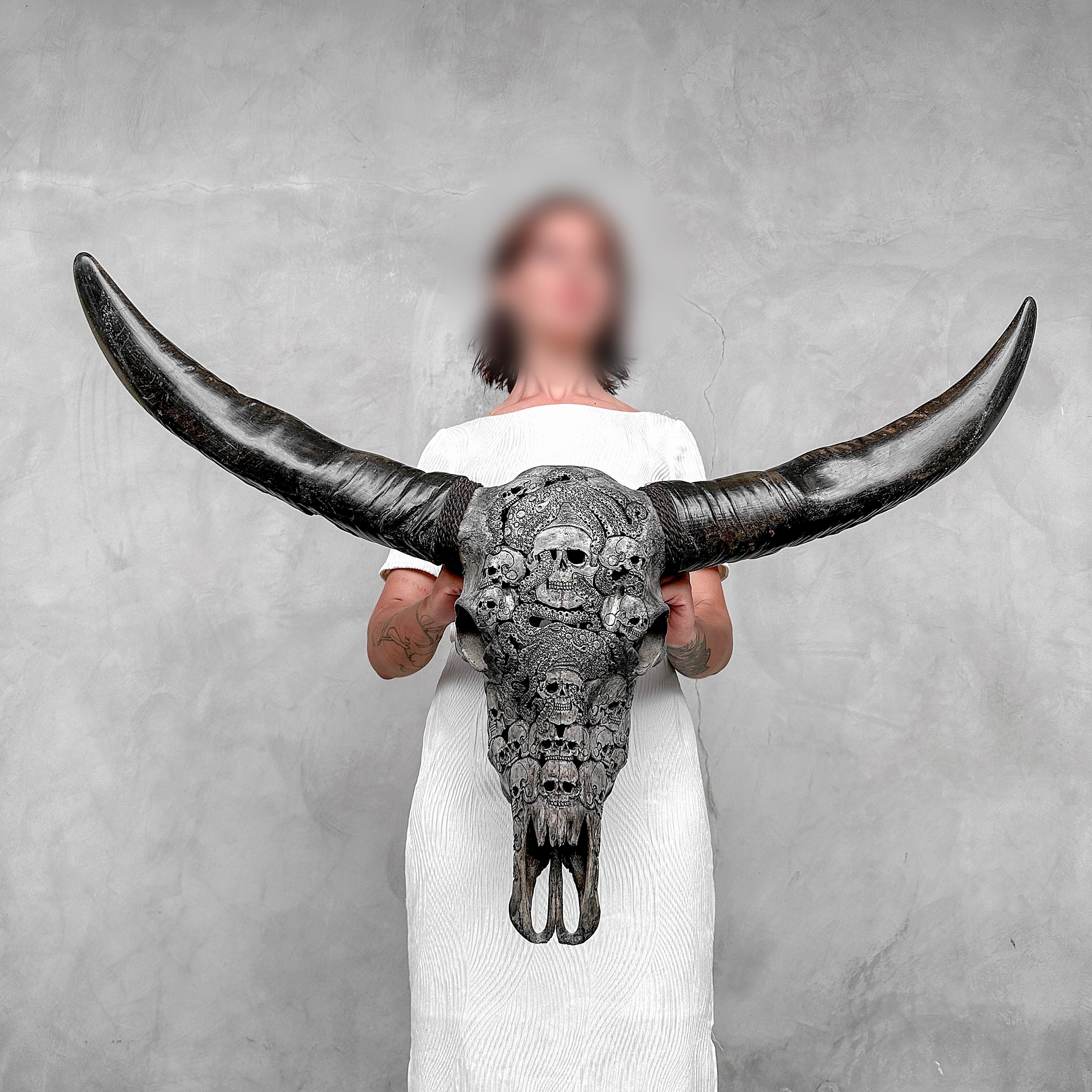 Caved Waterbuffalo Skulls with Skull And Octopus Carving Skull,A/180