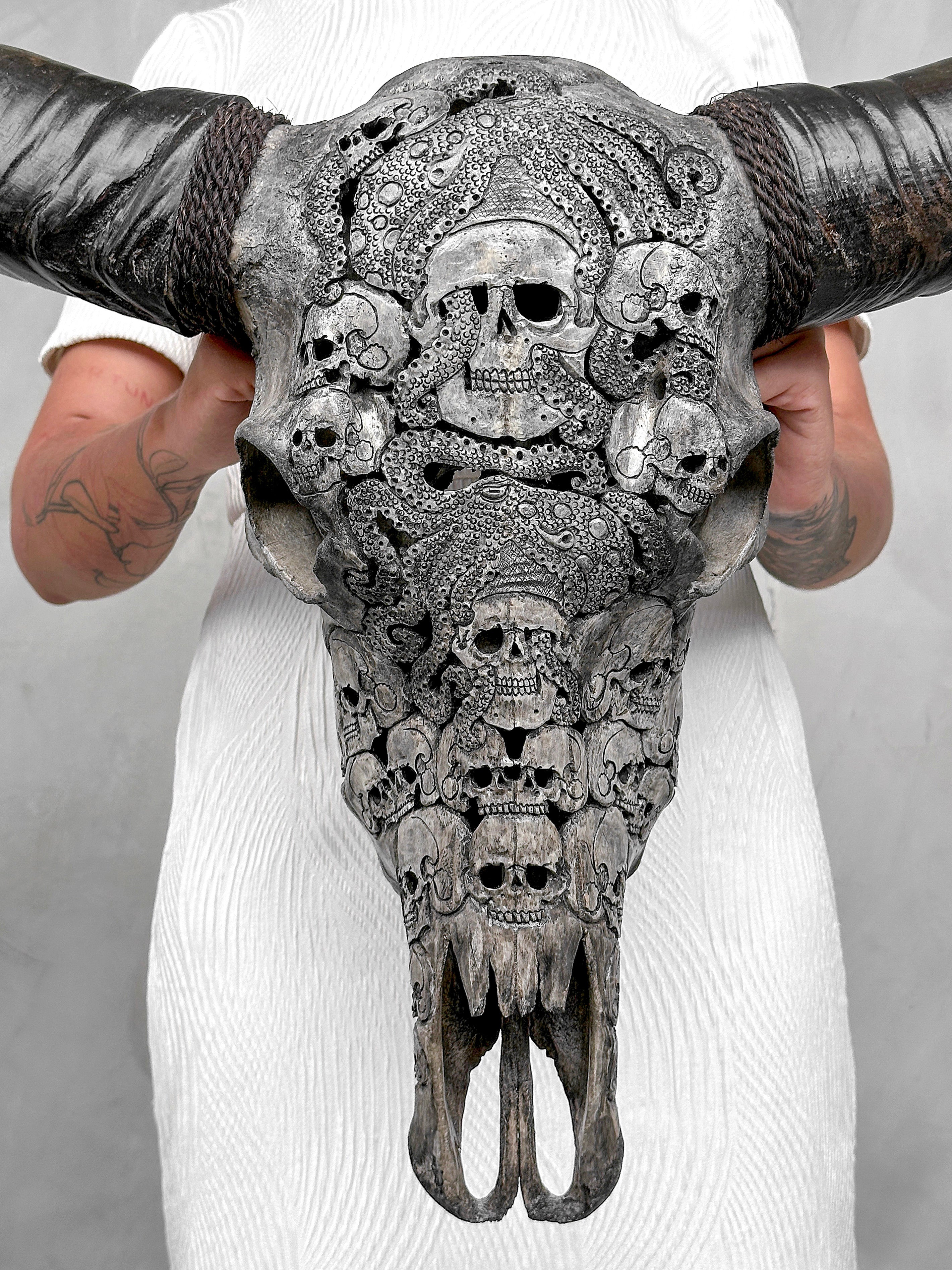 Caved Waterbuffalo Skulls with Skull And Octopus Carving Skull,A/180