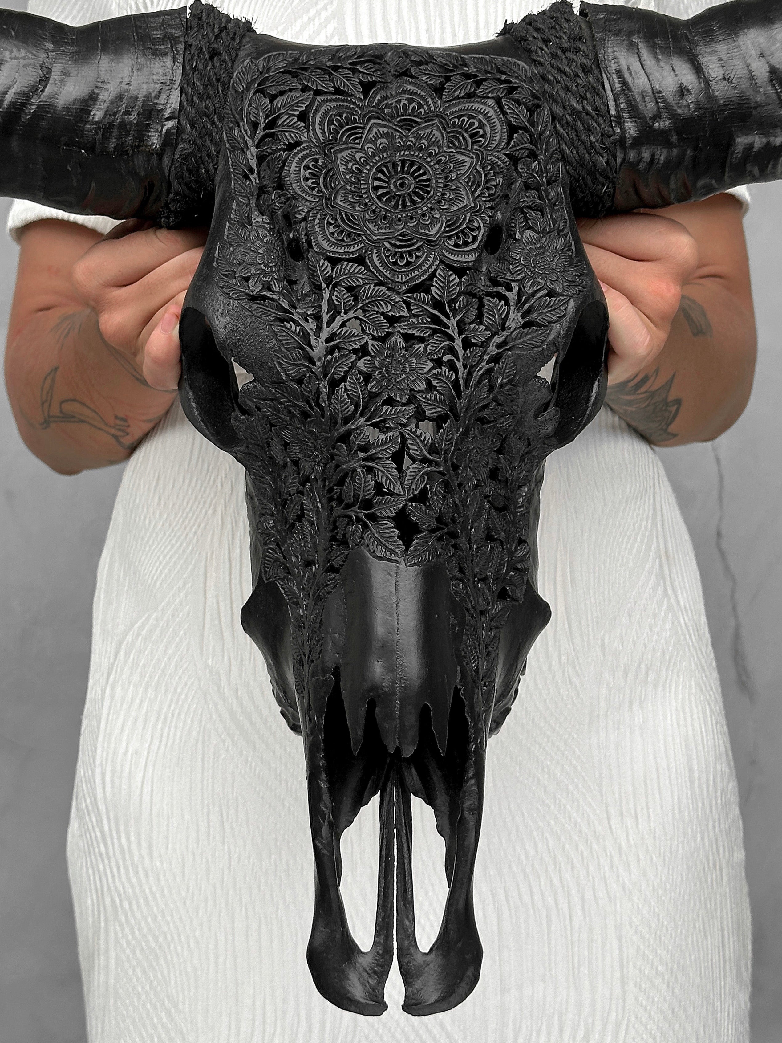 Black Carved Buffalo Skulls with Flower Mandala motif | Skull,A/187