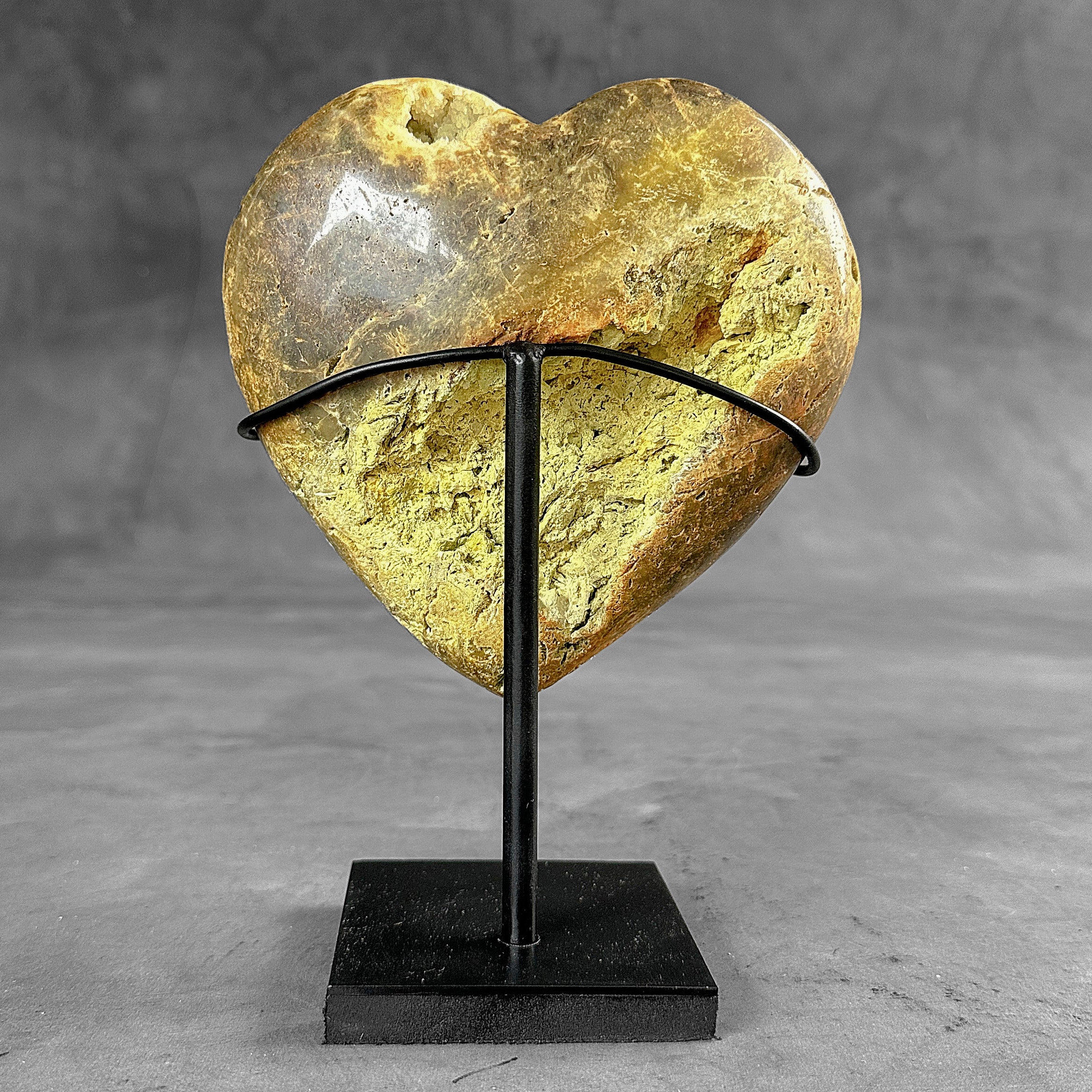 Stunning Heart Shape of Yellow Crystal Rock on a custom stand CH/522