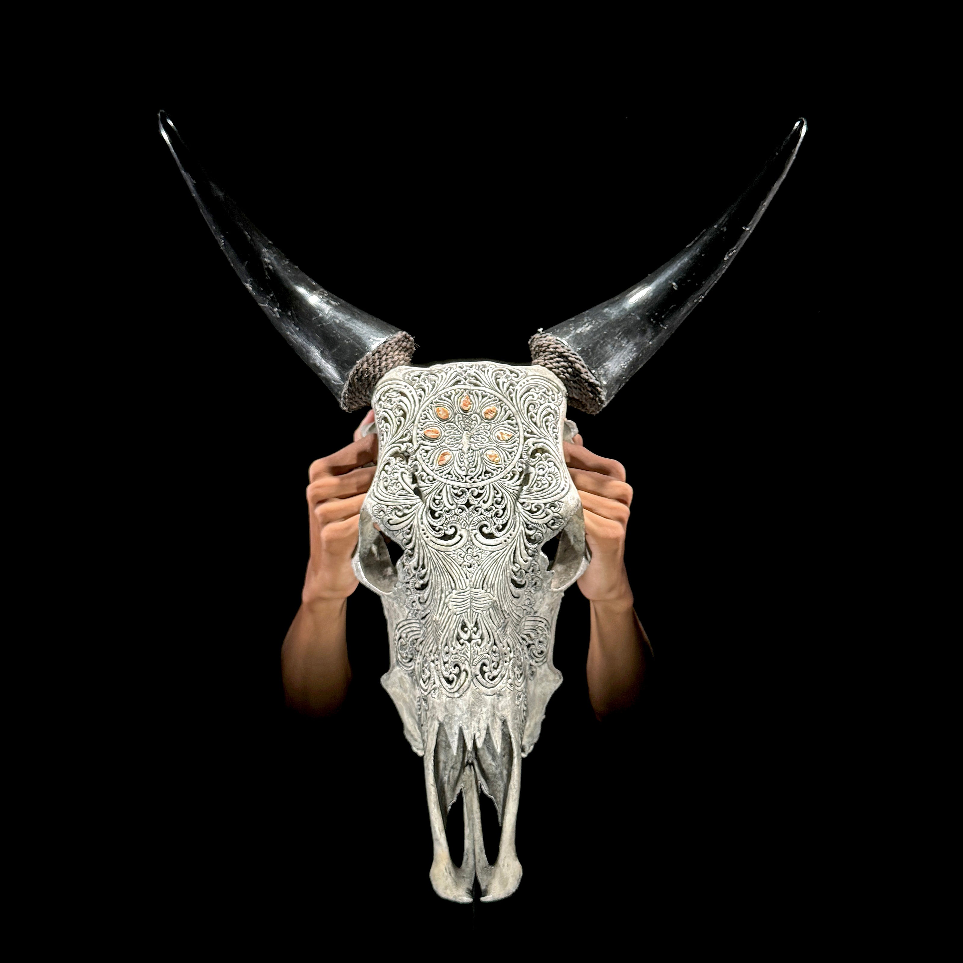 Grey Carved Cow Skull With Abalone Shell Accents - Peacock motif | Skull,A/144