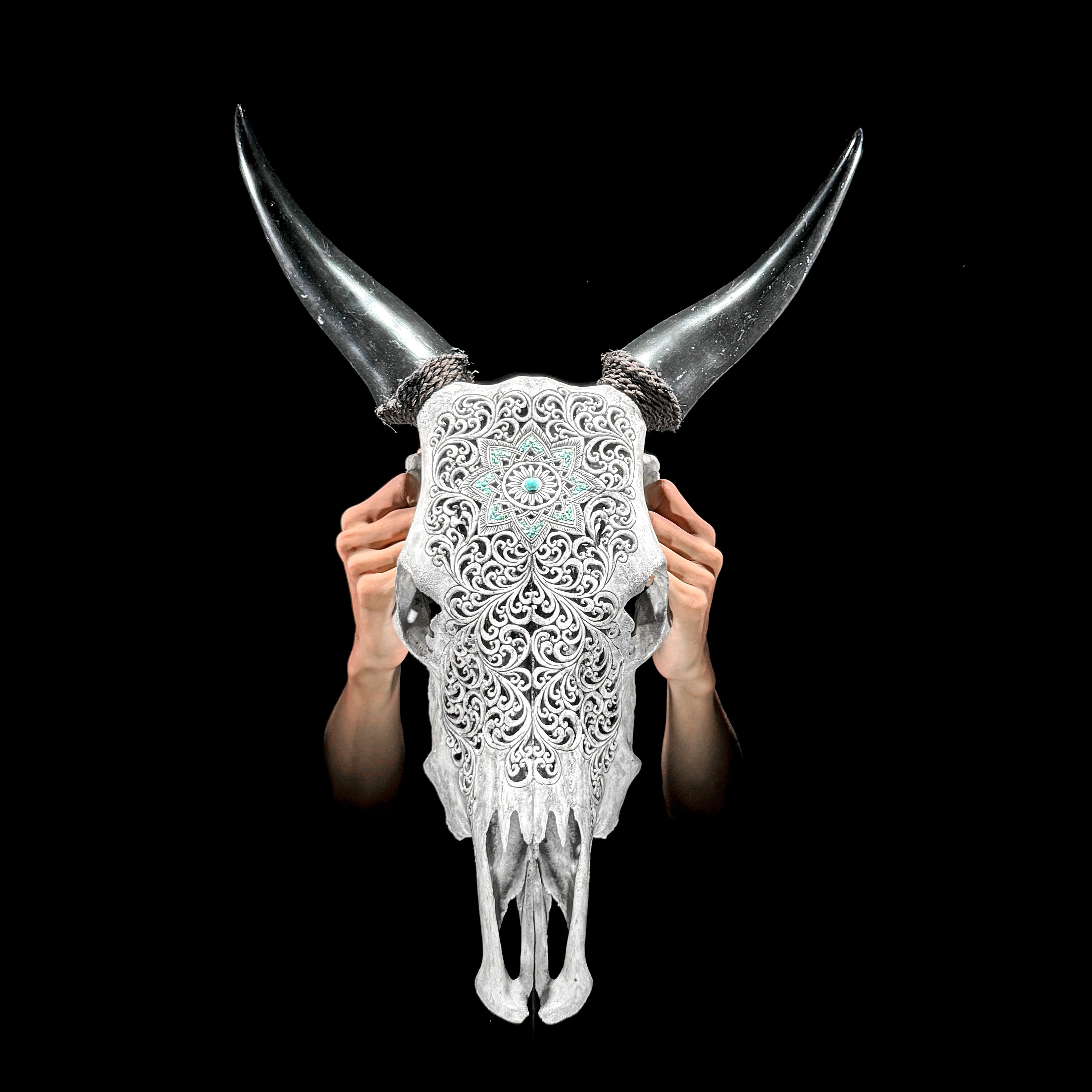 Grey Carved Cow Skull With Turqoise Accents - Star mandala motif | Skull,A/140