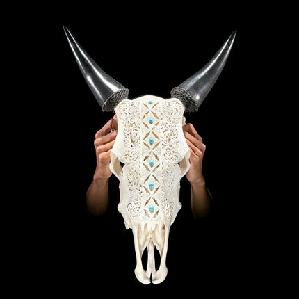 White Carved Cow Skull With Turqoise Accents - Ketupat motif | Skull,A/137