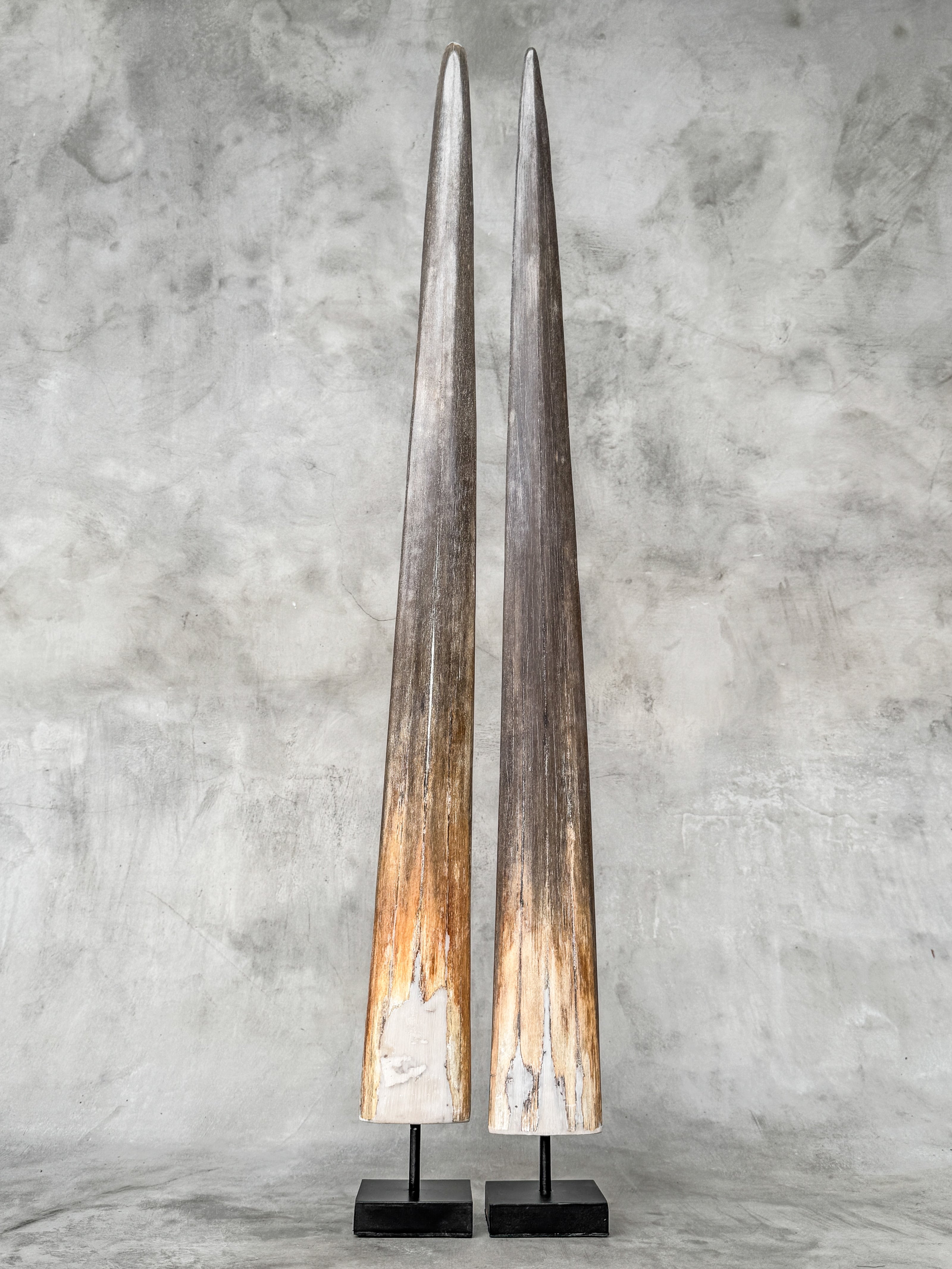 Pair of Natural Tusks on Stand – Rustic Bone Sculpture, Tribal-Inspired Home Decor - Tusk,A/049