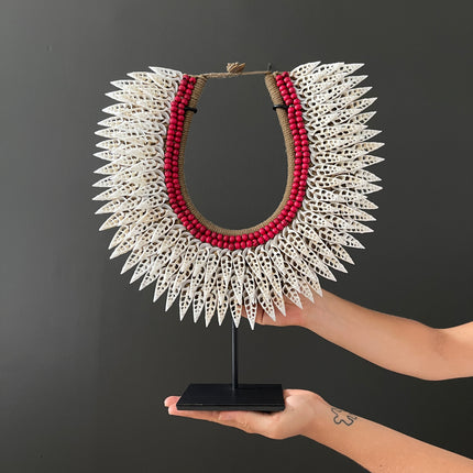 SN7 - Decorative Shell necklace on custom stand - Large white cut shells & - Shells & Red Beads - 23/SN/14