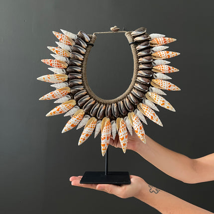 SN11 - Decorative Shell Necklace on a custom Stand - Large Burnt Orange Miter and Natural Fibres - 23/SN/022