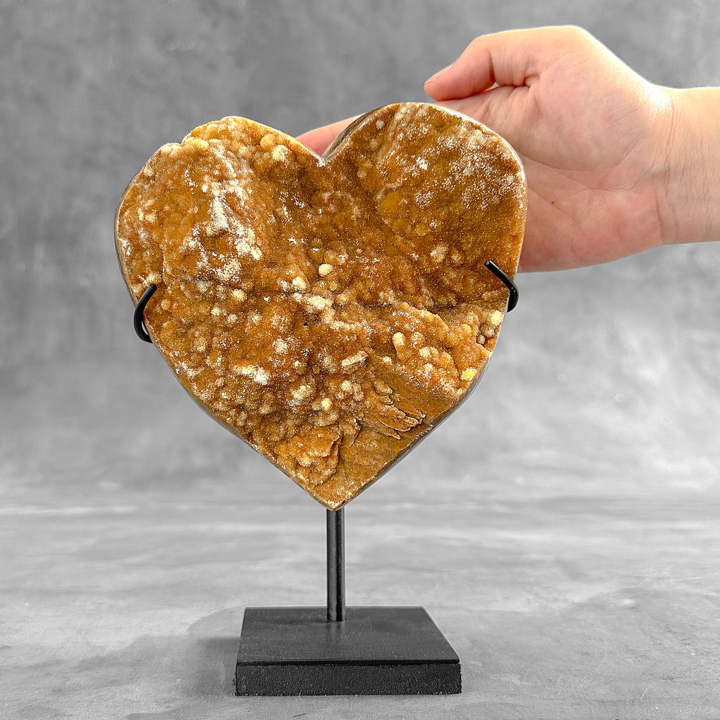 Stunning Heart Shape of Yellow Crystal Rock on a custom stand CH/579