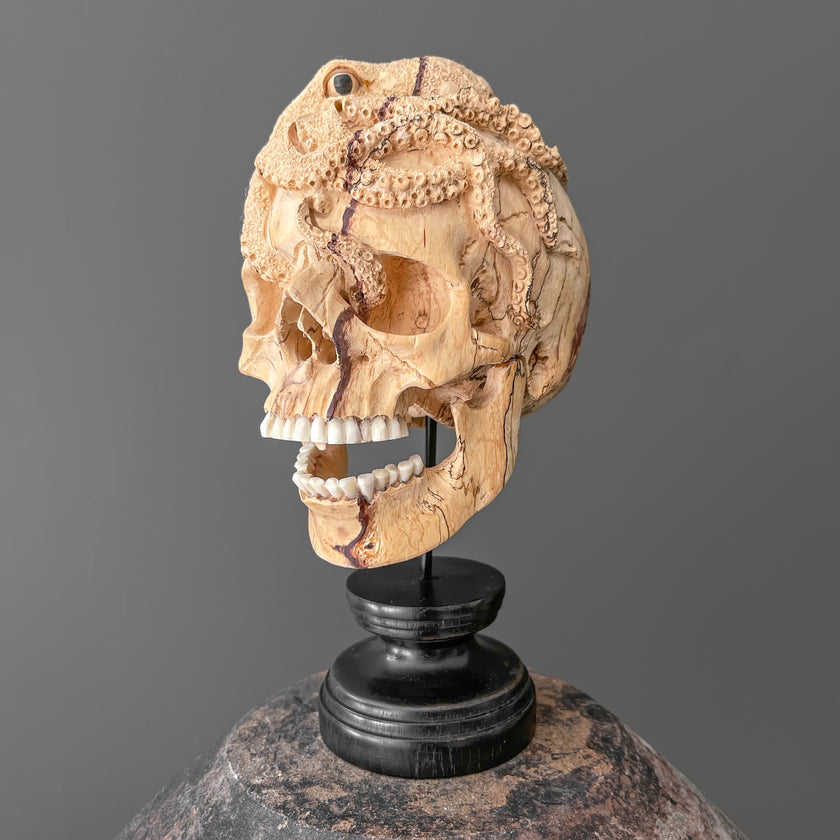 Tamarind Wooden Skull With Craved Octopus - 7J/108