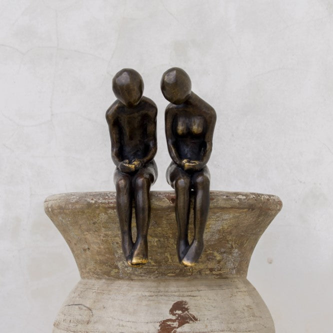 Human Couple Sitting Tiger Patina Bronze
