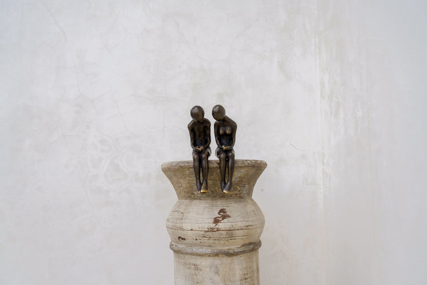 Human Couple Sitting Tiger Patina Bronze