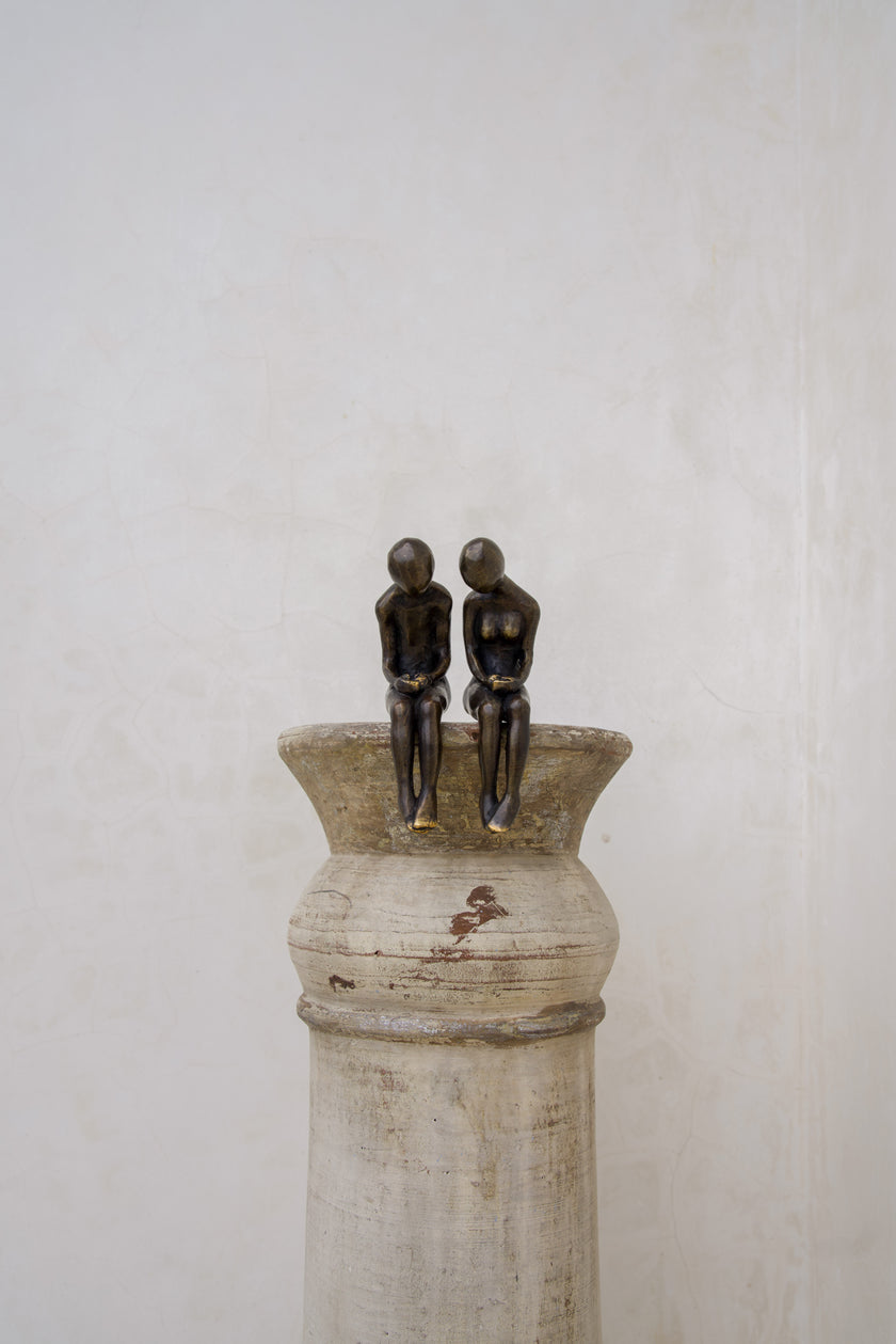 Human Couple Sitting Tiger Patina Bronze