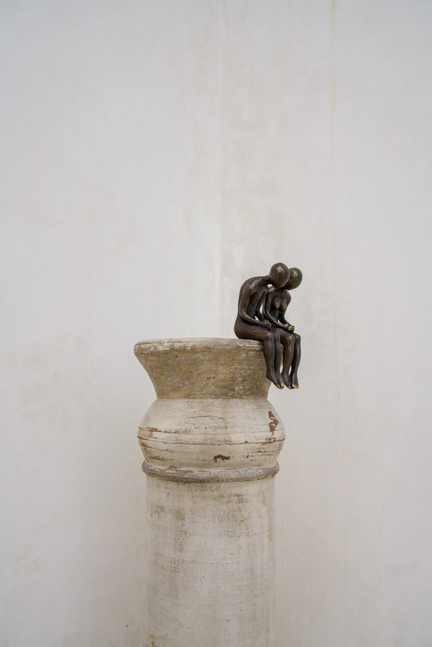 Human Couple Sitting Tiger Patina Bronze