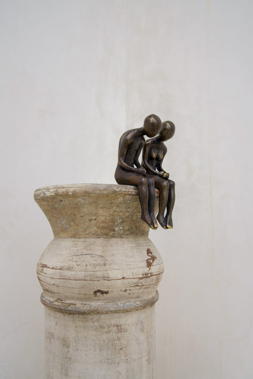Human Couple Sitting Tiger Patina Bronze