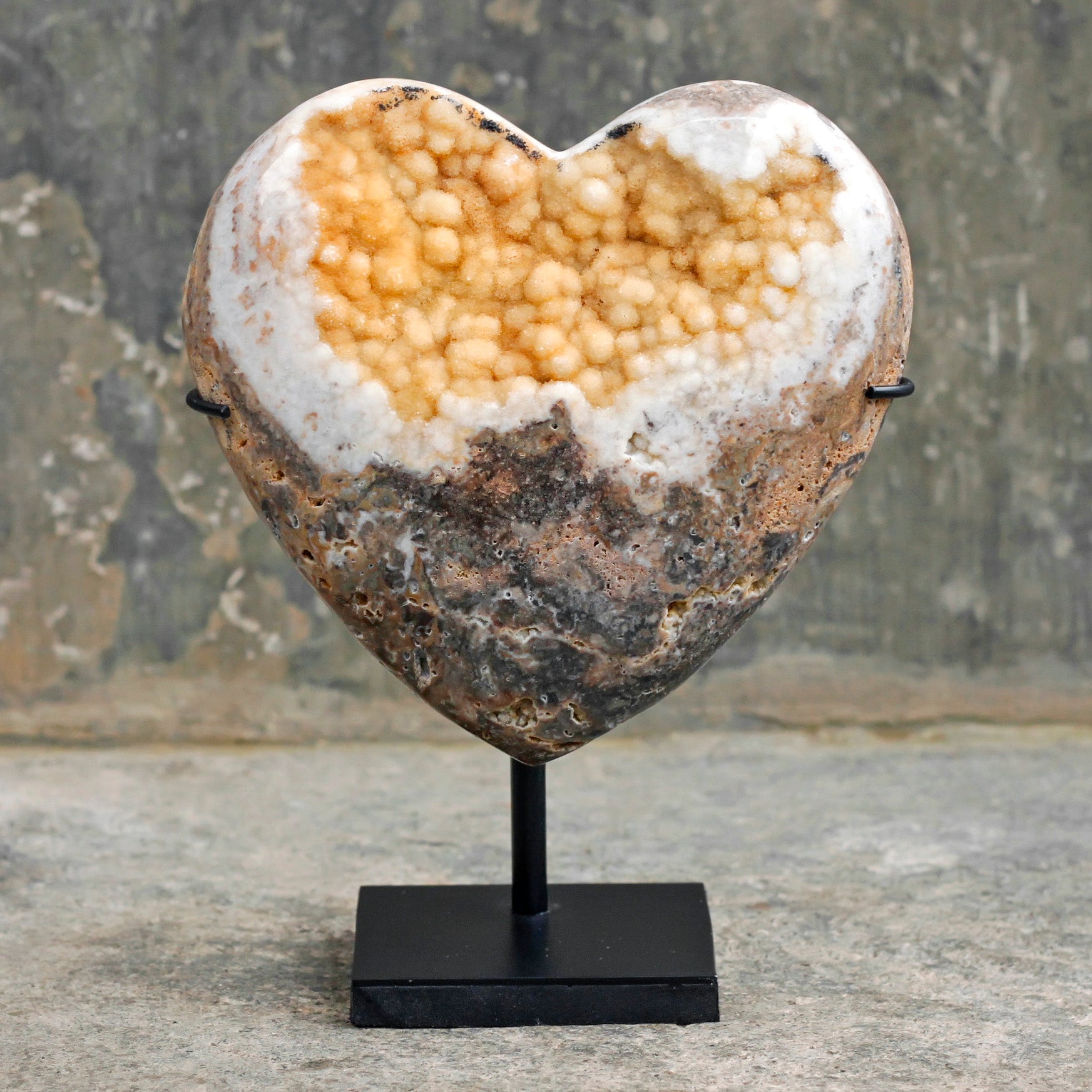 Stunning Heart Shape of Yellow Crystal Rock on a custom stand CH/081