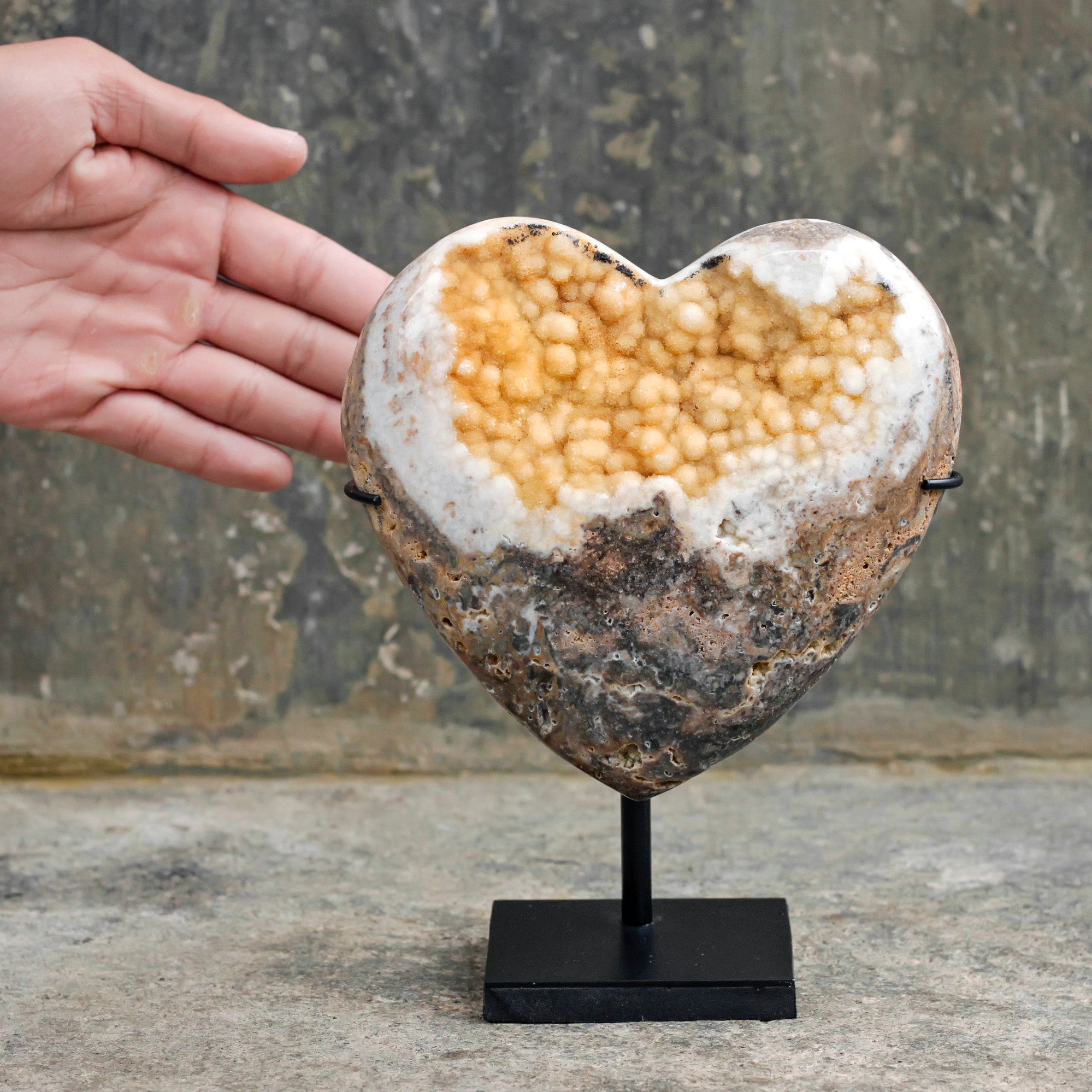 Stunning Heart Shape of Yellow Crystal Rock on a custom stand CH/081